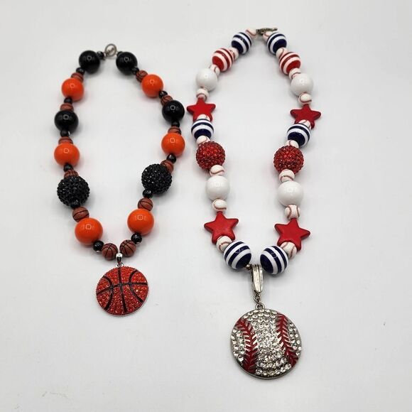 Lot of 2 Basketball & Baseball beaded necklaces - Picture 1 of 4